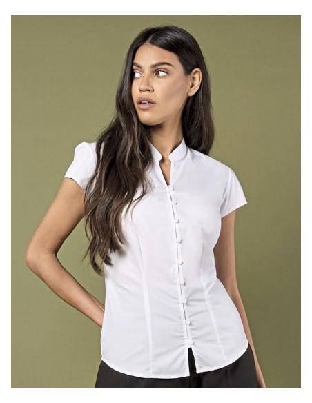 KUS-KK727-Tailored Fit Mandarin Collar Poplin Blouse Cap Sleeve 2